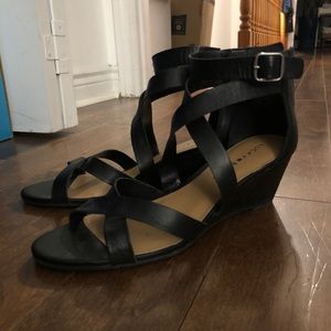 Lucky Brand Black Leather Wedge Sandals